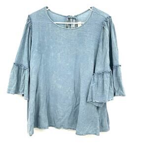 Altar'd State Size Large Blouse Blue Ruffle Bell Sleeve Loose Cottagecore‎